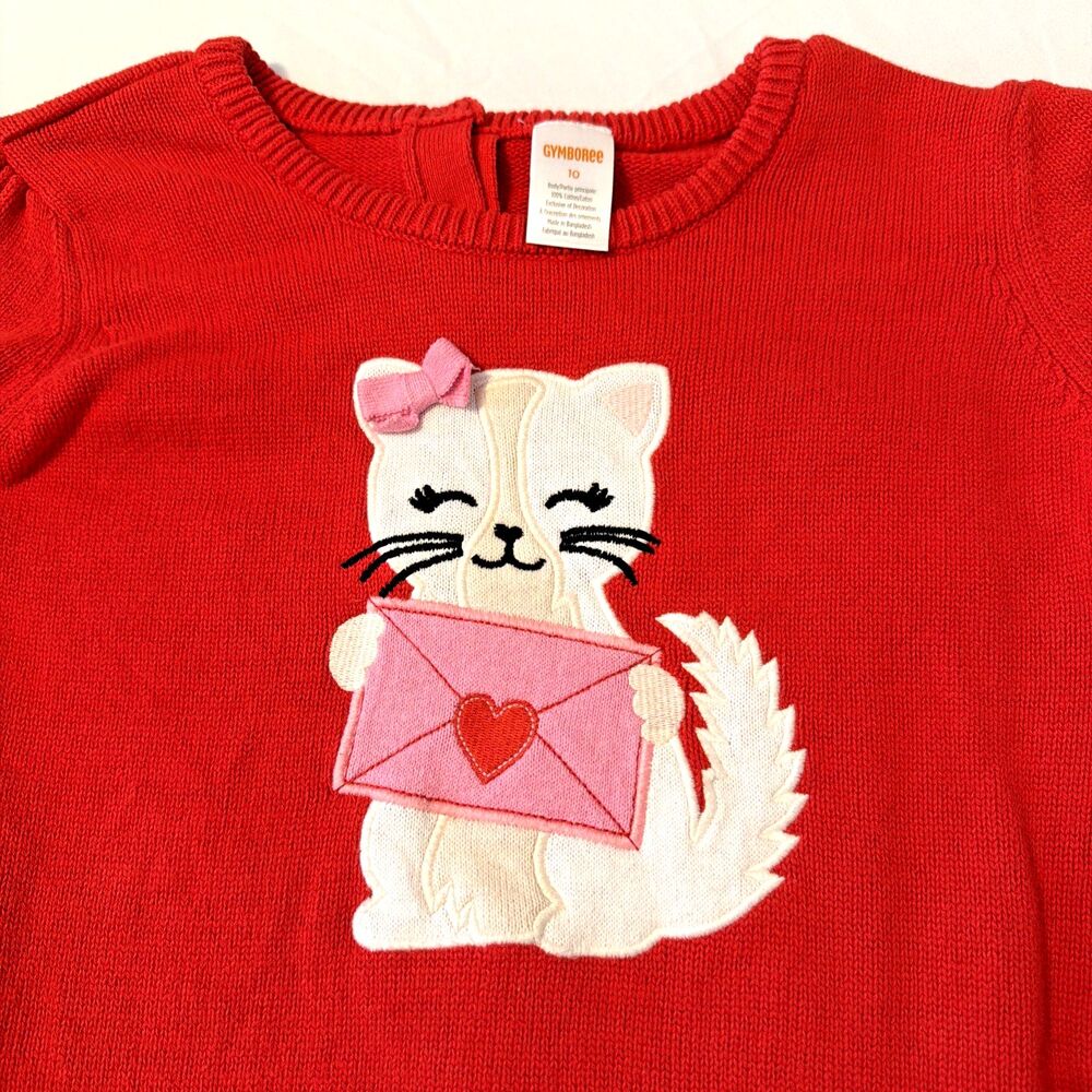 Gymboree Valentines Day Sweater Girls Sz 10 Red Knit Cat Valentine Bow Cute Love